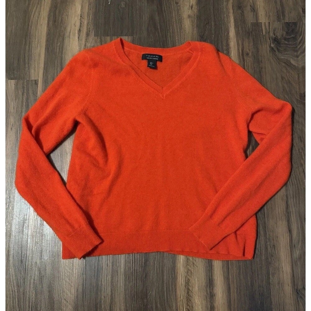 Tahari 2 Ply  100% Cashmere Women's Orange V-Neck Sweater Size Large